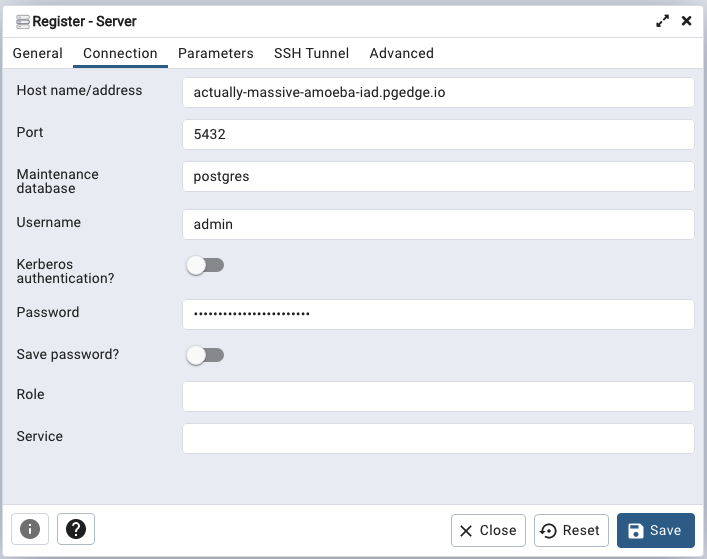 The pgAdmin Register - Server dialog