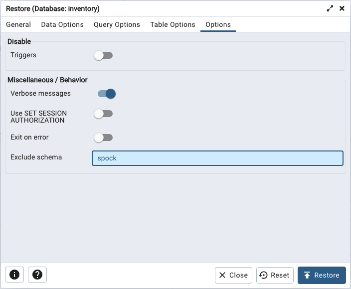 pgAdmin Options tab